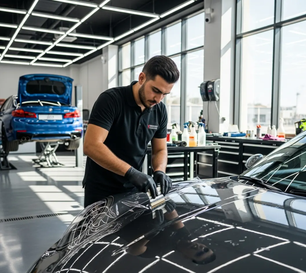 Detailer applying paint protection film to a luxury European car in a Dubai workshop