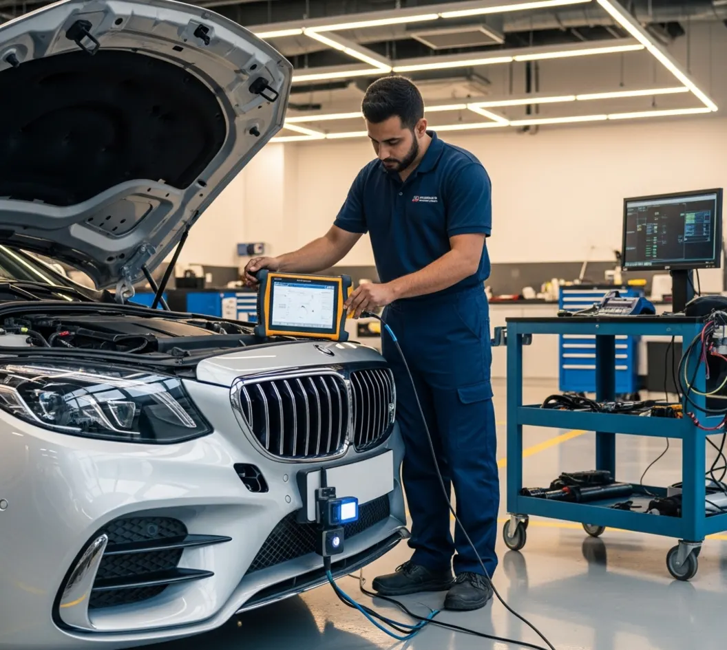 Technician recalibrating ADAS sensors on a premium European car in a UAE workshop