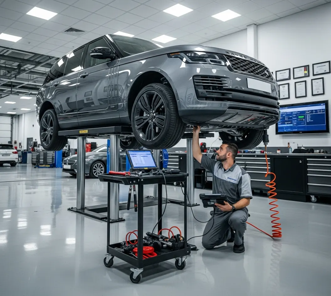 Technician inspecting the air suspension of a luxury SUV on a workshop lift in a Dubai service bay