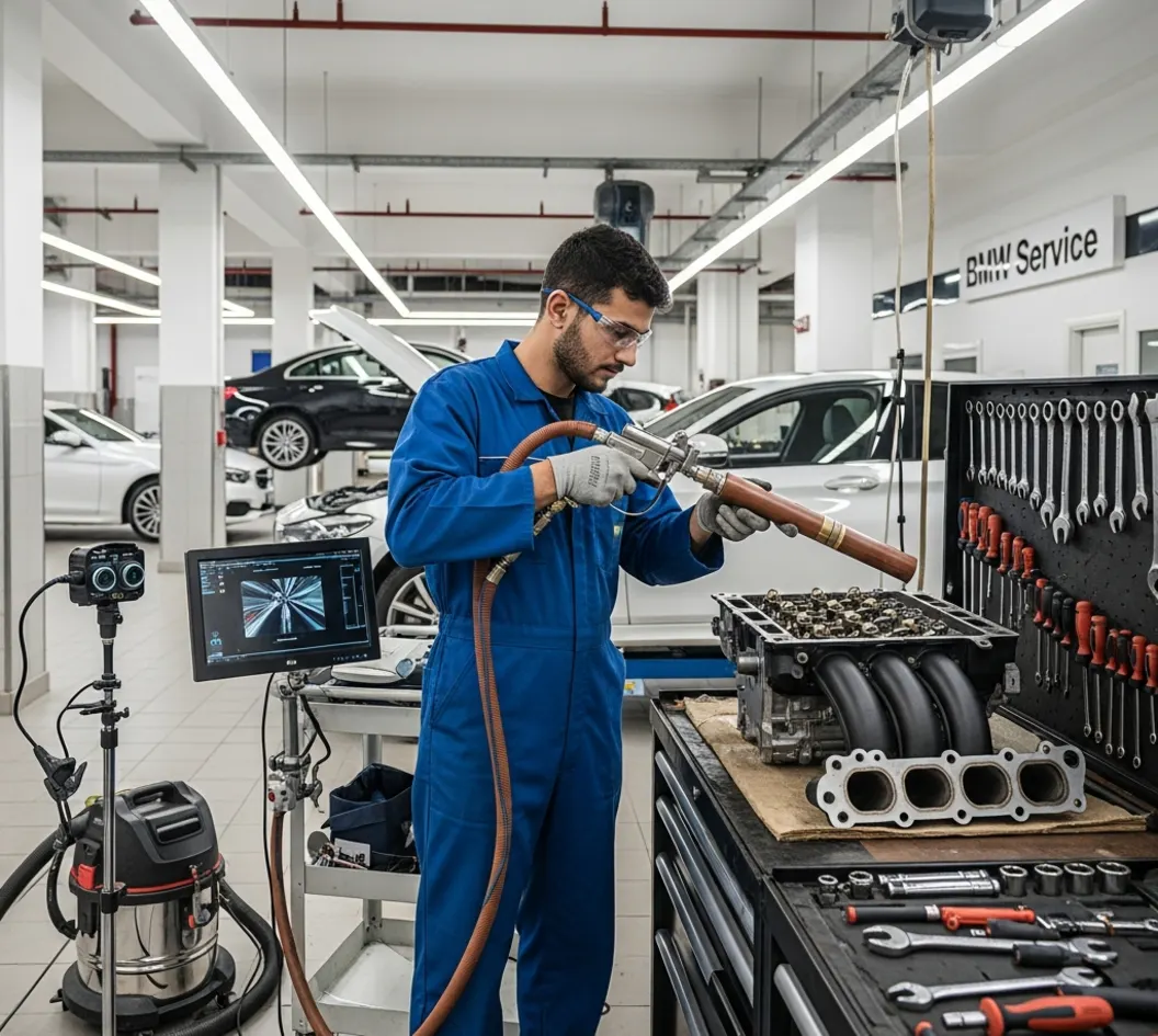 Technician performing walnut blasting on a BMW engine's intake valves in a modern UAE workshop