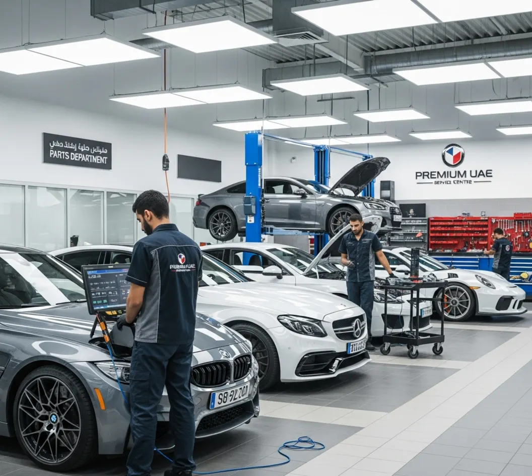 Technicians servicing BMW, Mercedes, Audi, and Porsche vehicles in a modern UAE workshop