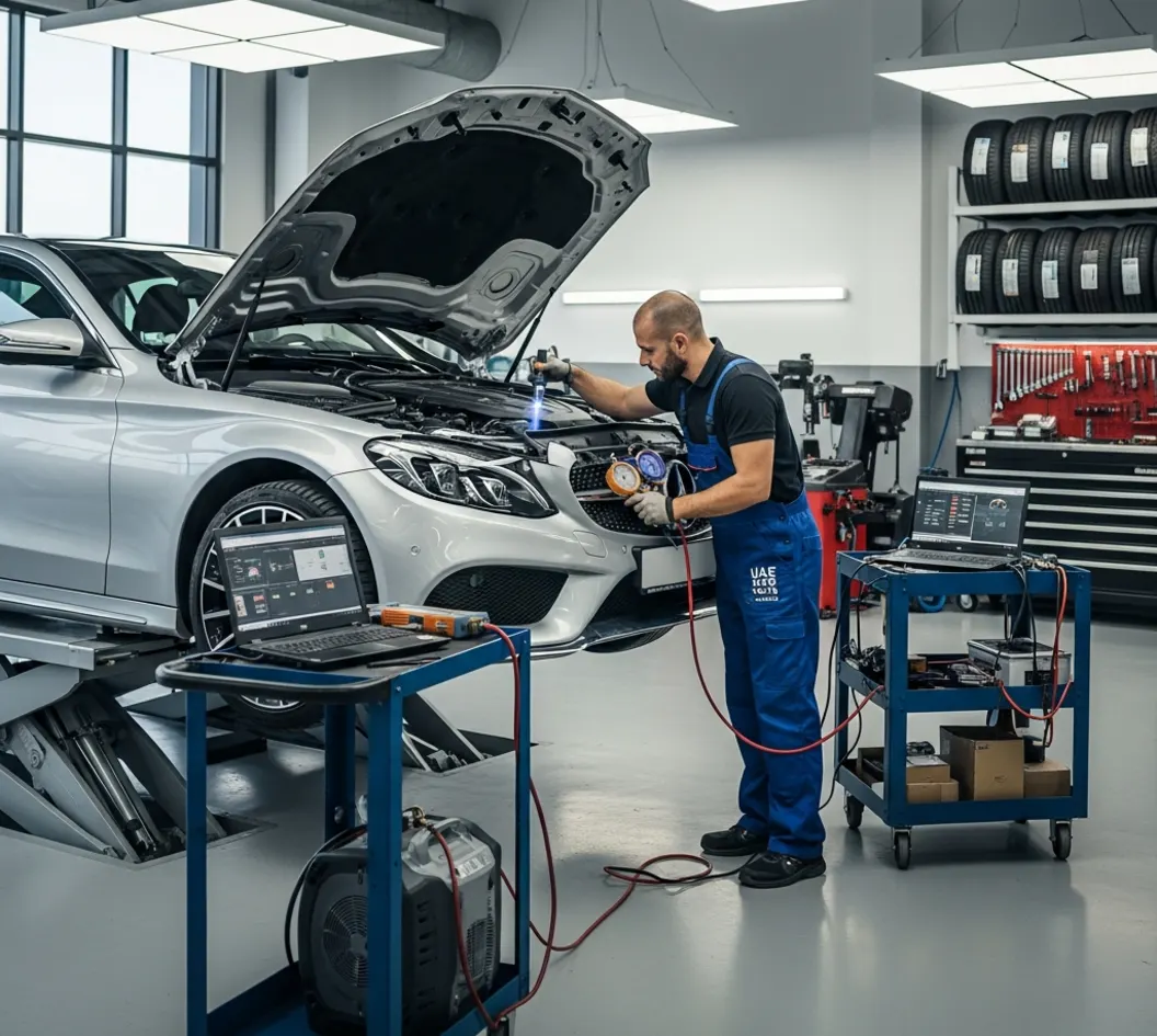 Technician inspecting a European car's cooling system and AC in a modern UAE workshop