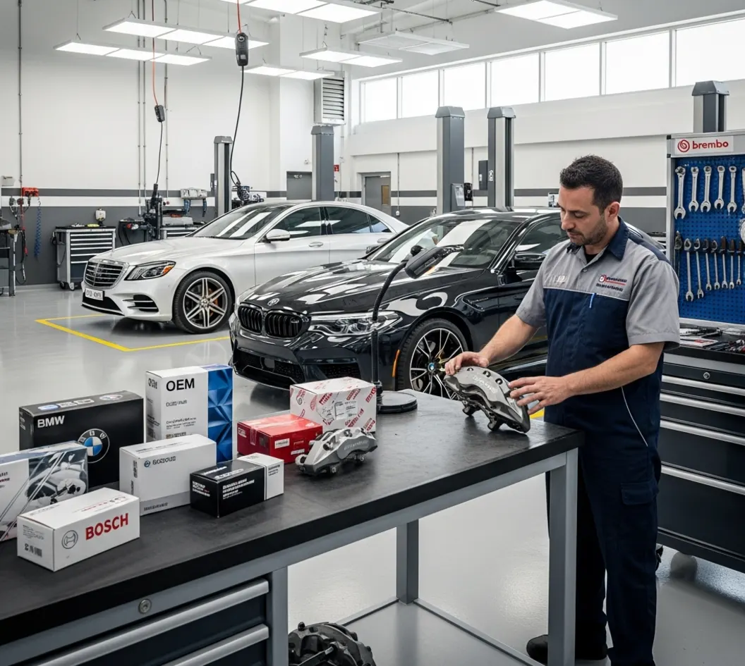 Technician in a UAE workshop comparing genuine, OEM, and aftermarket parts for German vehicles