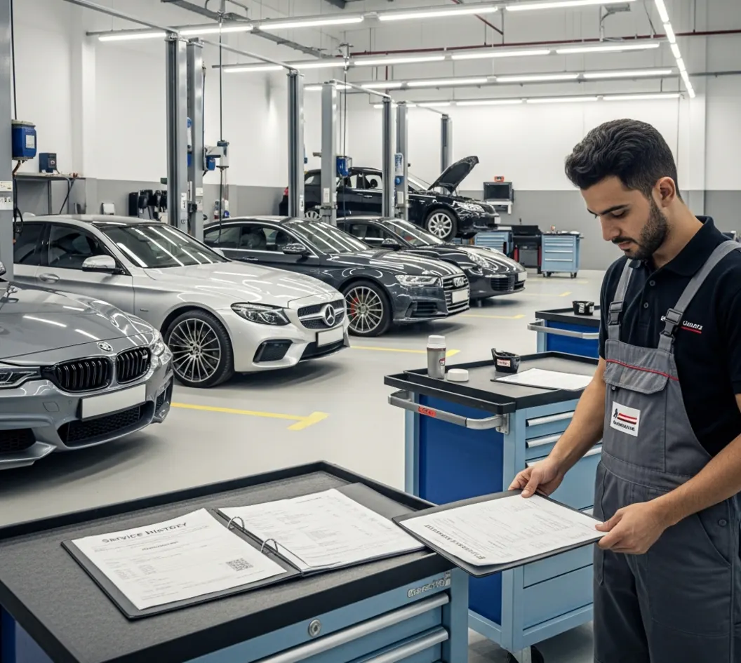A technician reviews detailed service records for BMW, Mercedes, Audi, and Porsche in a modern UAE automotive workshop.