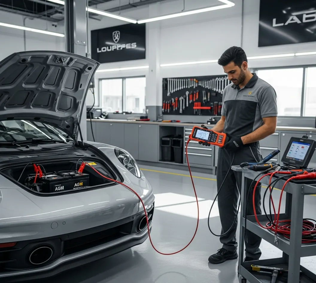 Technician testing a European car battery with diagnostic equipment in a modern UAE automotive workshop