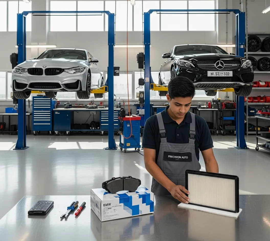 Technician comparing genuine and aftermarket car parts in a modern UAE European vehicle workshop