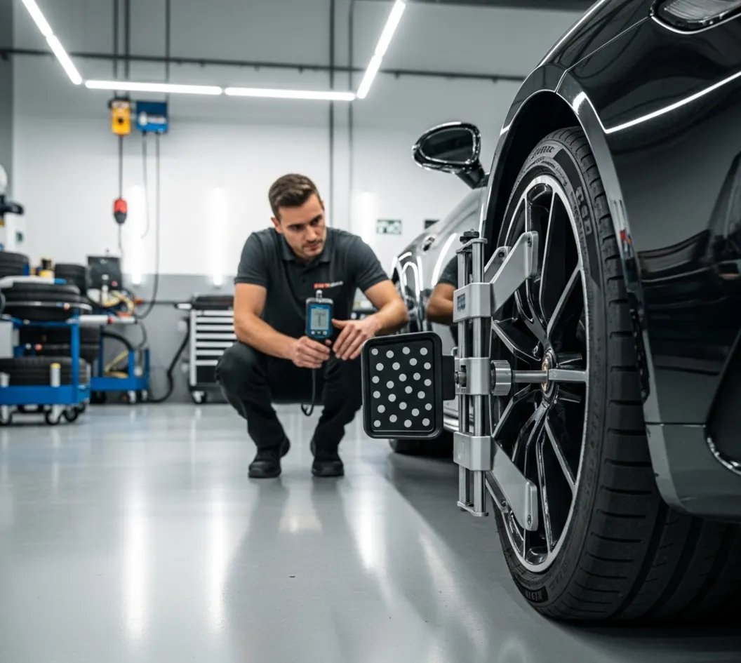 Technician checking tyres on a high-performance European car in a UAE service workshop
