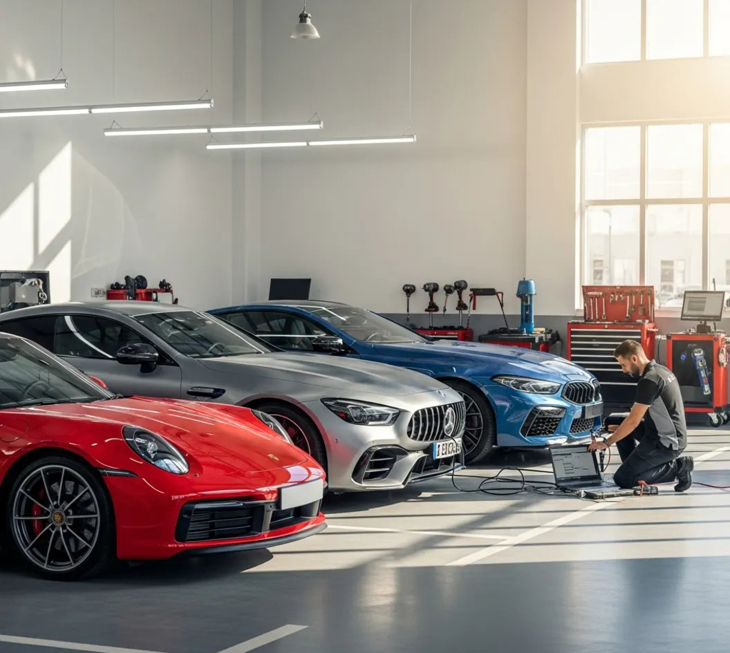 Porsche, AMG, and BMW M in a professional UAE workshop with a technician running diagnostics