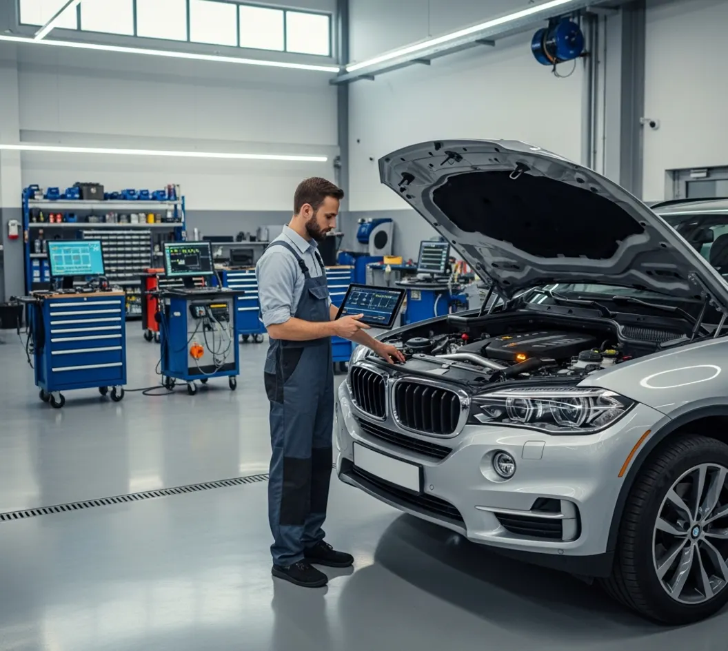 Technician diagnosing a European luxury SUV with dashboard warnings in a modern UAE workshop