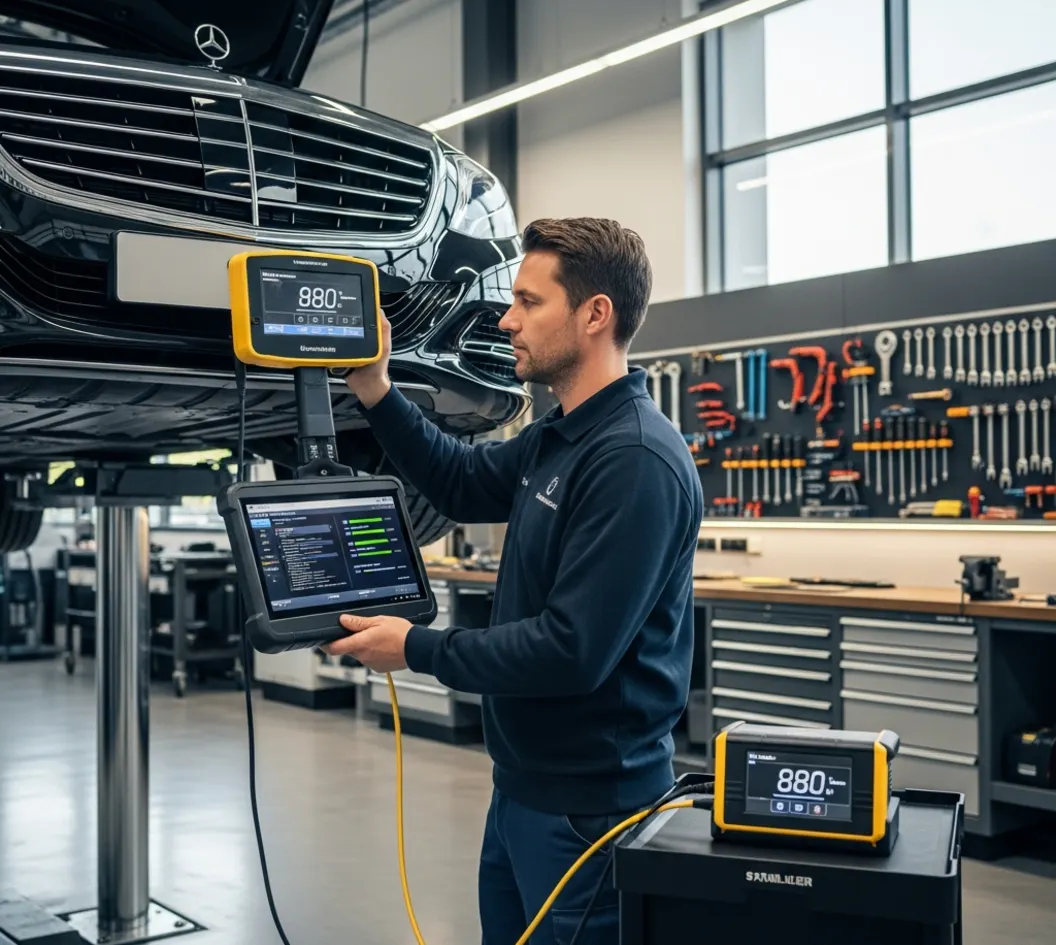 Technician performing an official software update on a luxury European car in a professional workshop