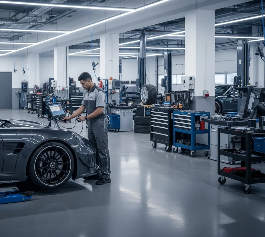 Technician performing a diagnostic scan on a European sports car in a modern Dubai workshop