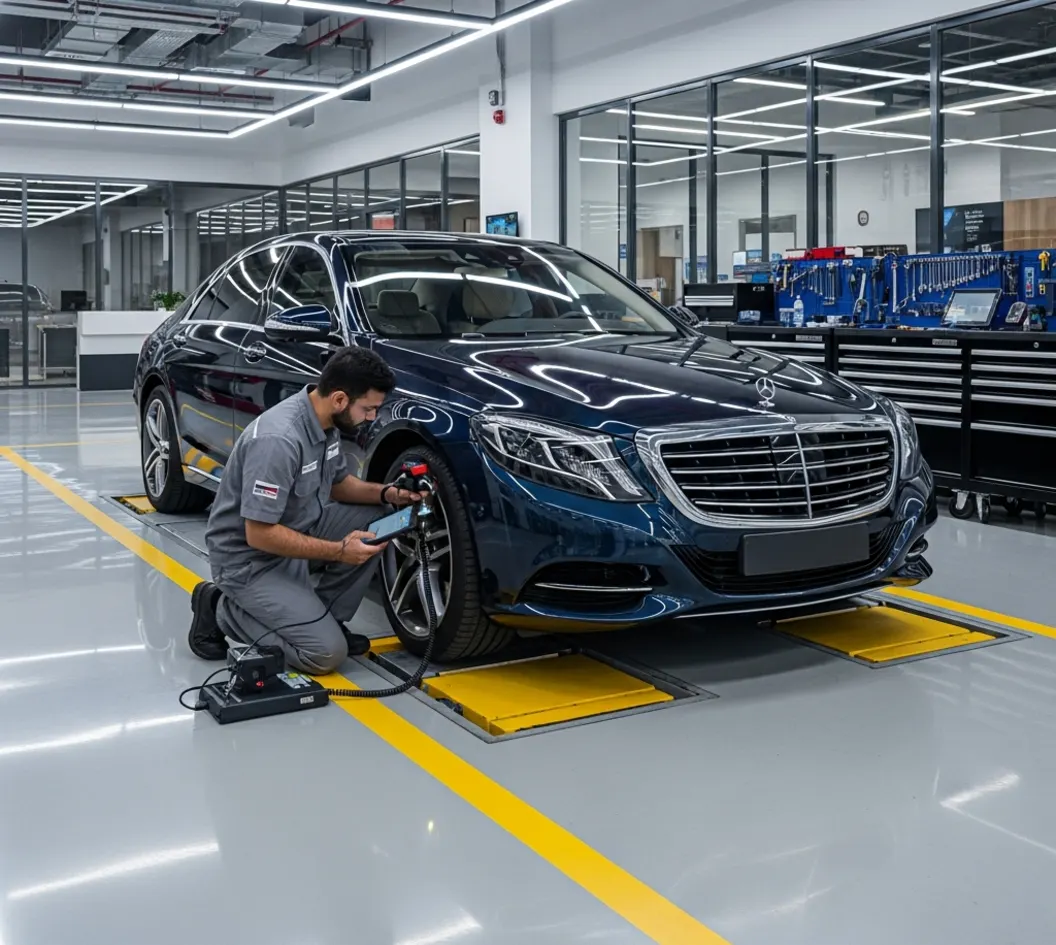 Technician inspecting a premium European car in an Abu Dhabi vehicle inspection centre