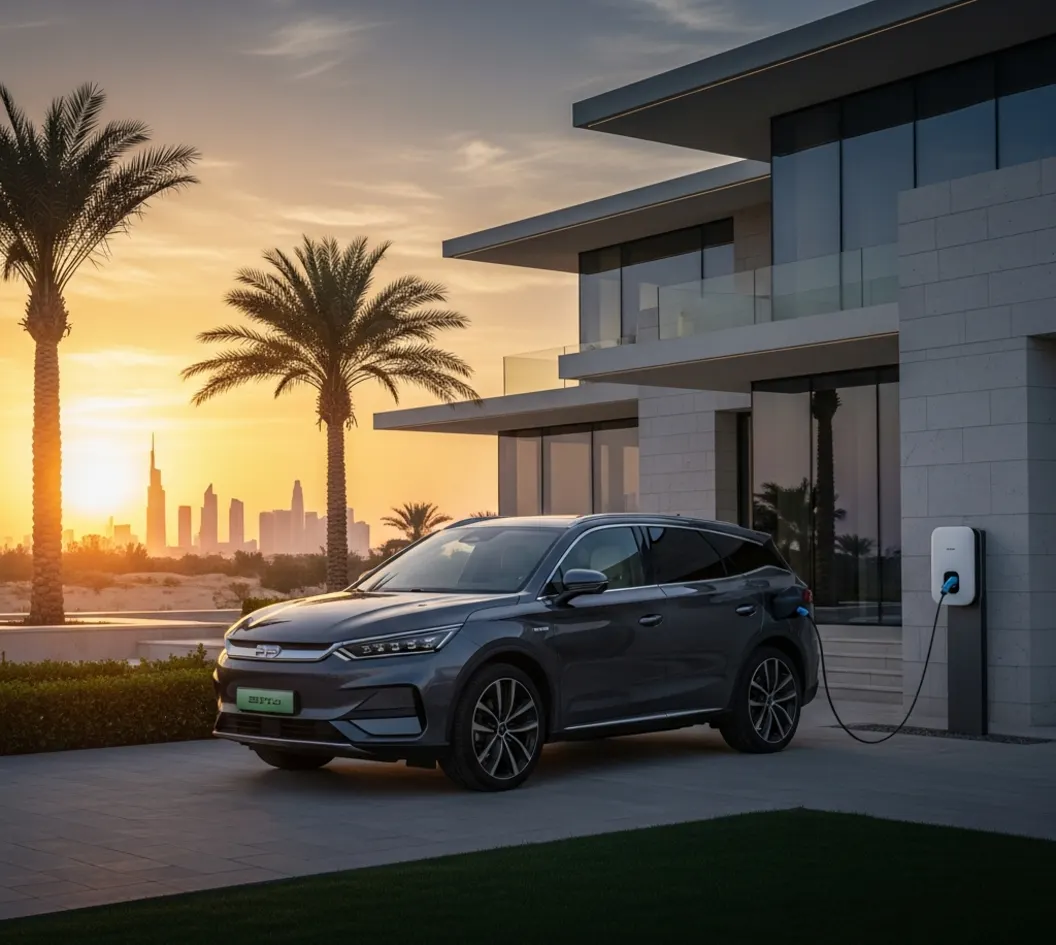 BYD Ti 7 plug-in hybrid SUV charging at a villa in the UAE at sunset