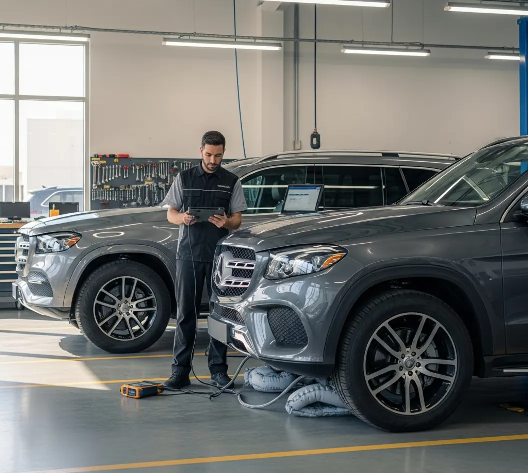 Mercedes GLE and GLS SUVs receiving professional maintenance checks in a modern UAE workshop