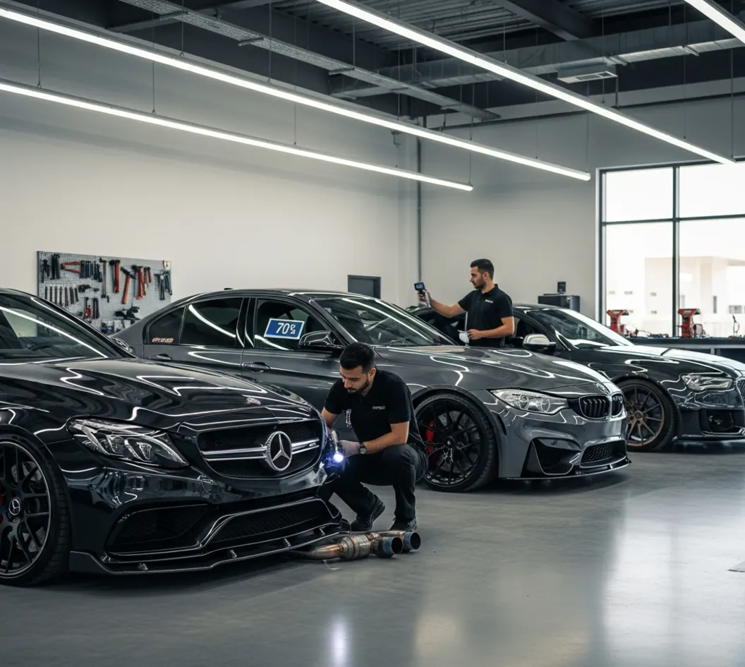 Modified AMG, M, and RS cars undergoing inspection at a Dubai vehicle testing centre