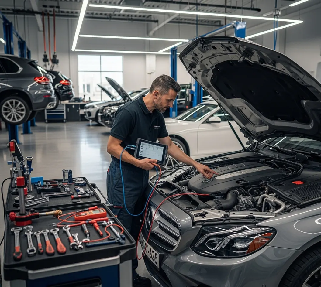 Technician performing summer safety check on BMW in modern UAE workshop