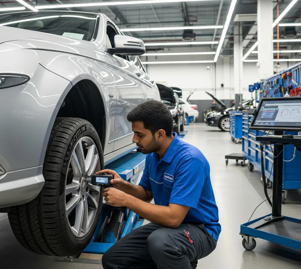 Technician checks tyre tread depth on a European car during UAE workshop inspection